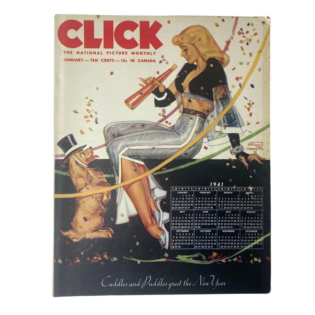Cover of Click Magazine January 1941 Vol 4 No. 1 featuring the illustration titled 'Cuddles and Puddles'. The image shows a woman and a dog celebrating the New Year with confetti.