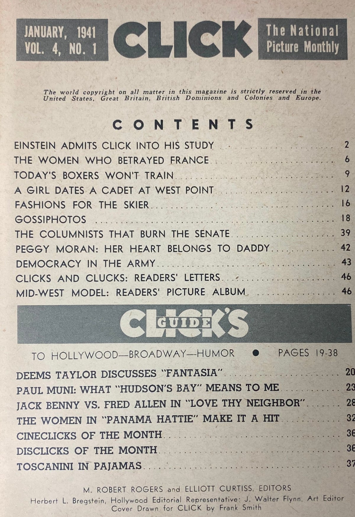 Table of Contents from Click Magazine January 1941 Vol 4 No. 1, highlighting articles such as 'Einstein Admits Click Into His Study' and 'Paul Muni: What Hudson’s Bay Means'.