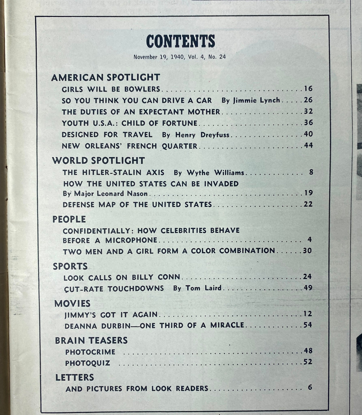 Table of contents for Look Magazine, dated November 19, 1940, Vol. 4, No. 24, listing features including articles on women in sports and a focus on Deanna Durbin.