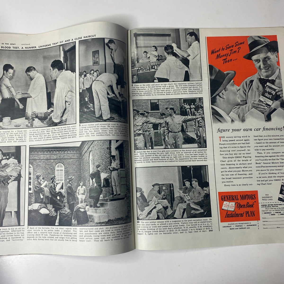 Interior pages of Look Magazine, December 3, 1940, featuring military life and training alongside advertisements related to car financing.