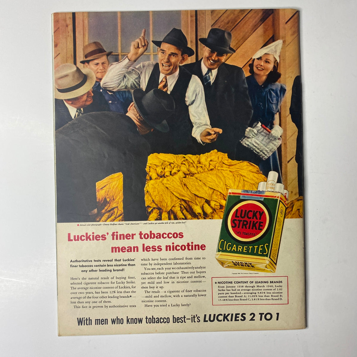 An advertisement for Lucky Strike cigarettes demonstrating the brand's emphasis on quality, featuring men in suits around a pile of tobacco. This is from Look Magazine September 10, 1940, featuring Wendell Wilkie and Franklin Roosevelt.