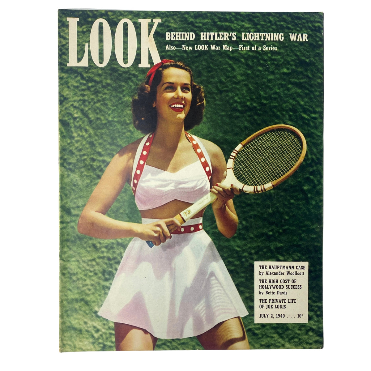 Cover of Look Magazine July 2, 1940 featuring a woman in a white dress with red accents holding a tennis racket, highlighting the feature on Joe Louis titled 'The Private Life of Joe Louis'.