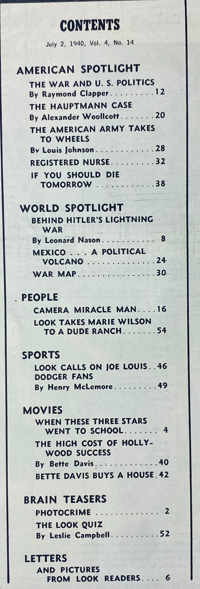 Contents page of Look Magazine July 2, 1940, listing articles including 'The War and U.S. Politics,' 'The Hauptmann Case,' and the feature 'Look Calls on Joe Louis.'