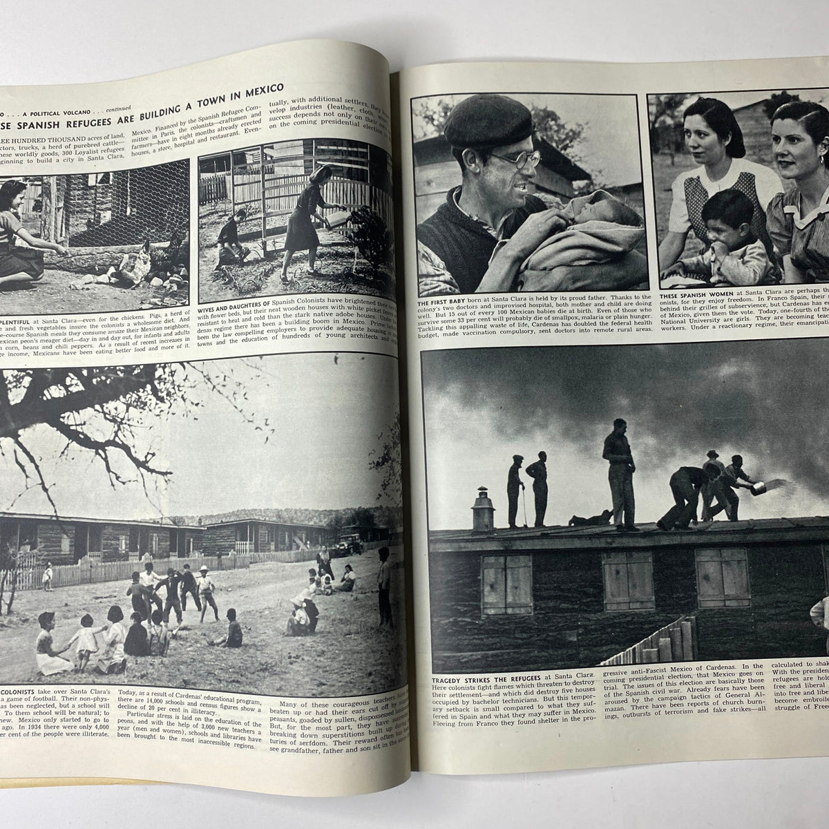 An interior page from Look Magazine July 2, 1940 showing images of Spanish refugees building a town in Mexico, reflecting social issues of the time.