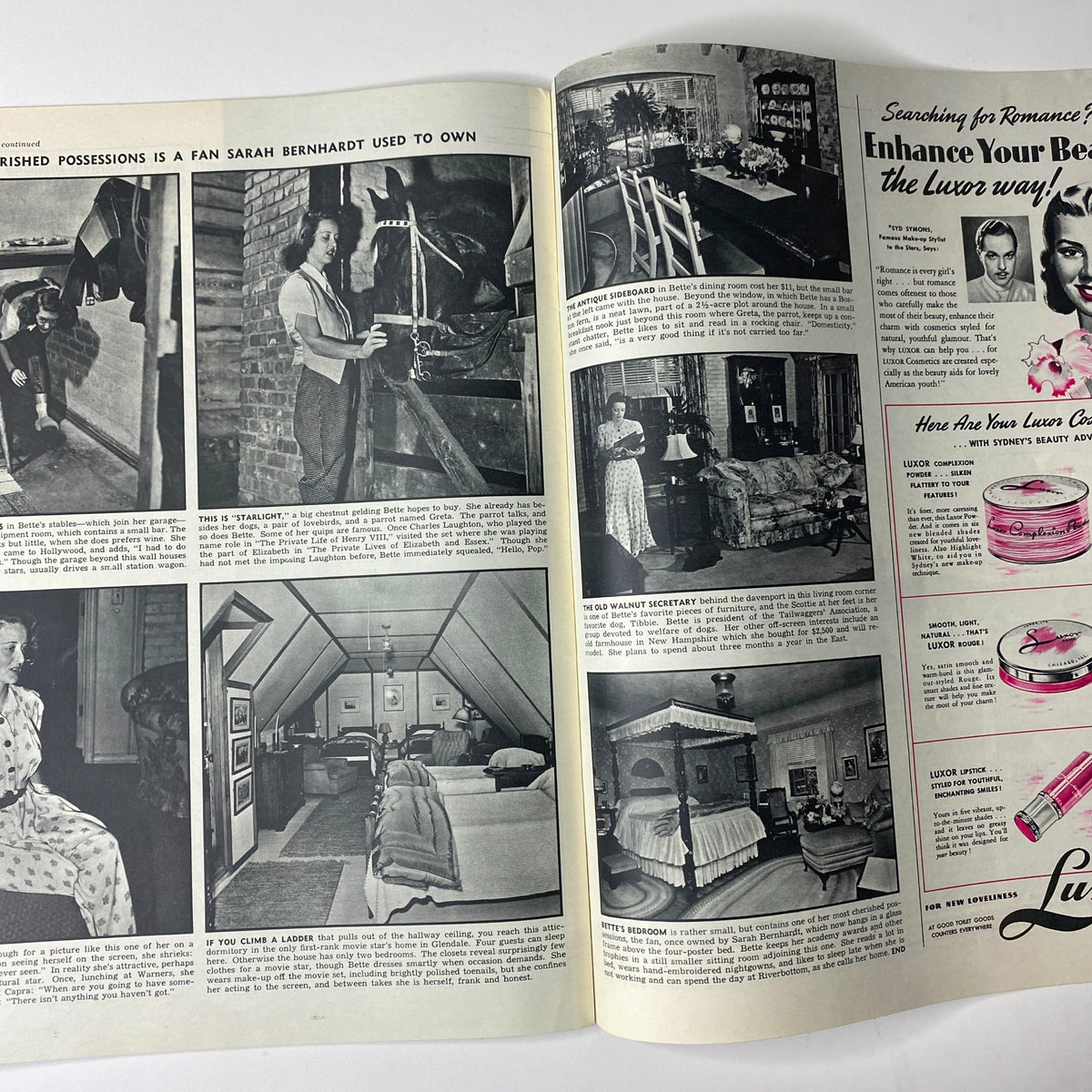An interior spread from Look Magazine July 2, 1940 showcasing fashionable interior spaces and furnishings, including a personal story related to celebrity ownership.