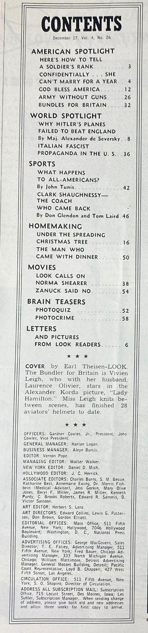 Table of contents from Look Magazine December 17, 1940, listing featured articles and topics including American support and sports features.
