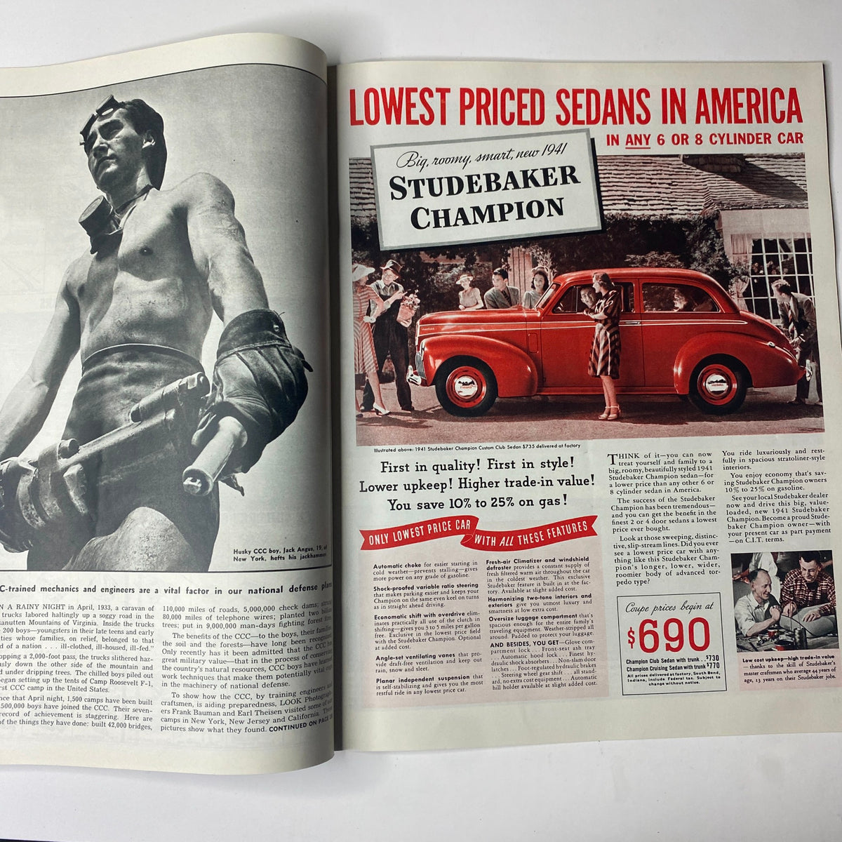 Advertorial spread in Look Magazine December 17, 1940, showcasing the Studebaker Champion car advertisement, emphasizing style and affordability.