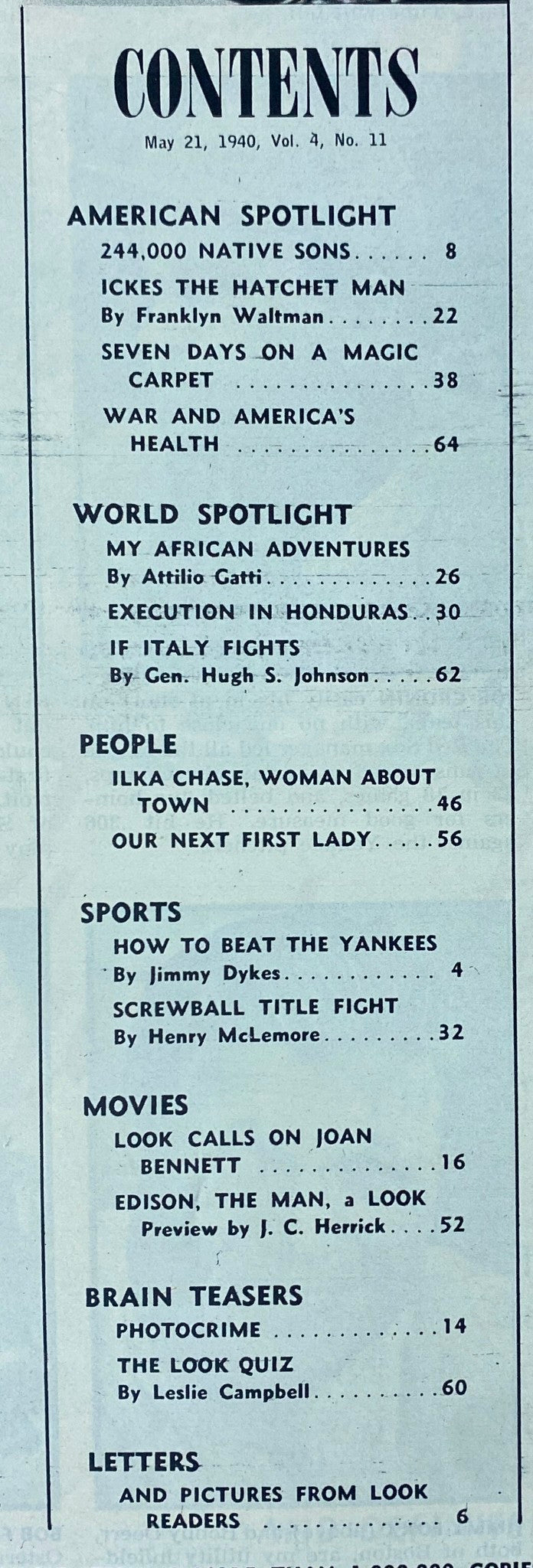 Contents page of Look Magazine from May 21, 1940, listing features including '244,000 Native Sons' and various articles.