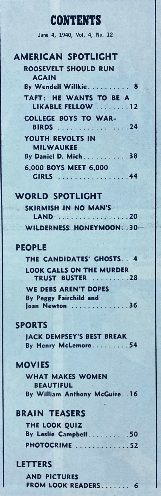 Table of contents from Look Magazine, June 4, 1940, Volume 4, No. 12, highlighting articles including 'Roosevelt Should Run Again' and 'Skirmish in No Man’s Land'.