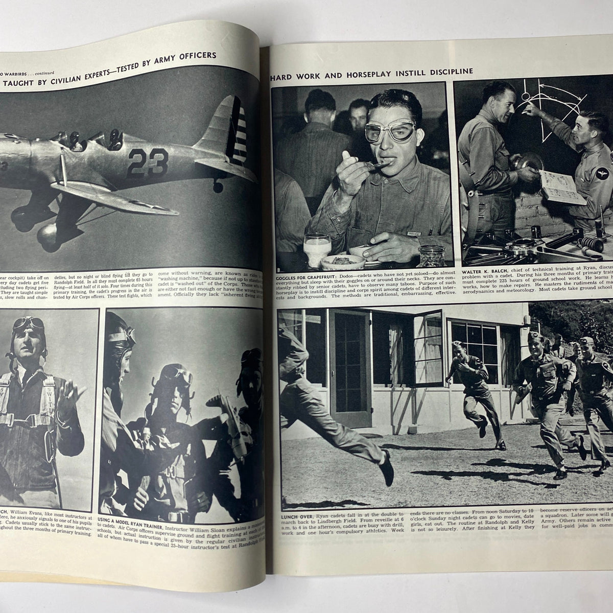 Interior pages of Look Magazine, June 4, 1940, featuring photos related to military training and discipline with an emphasis on hard work during preparations.