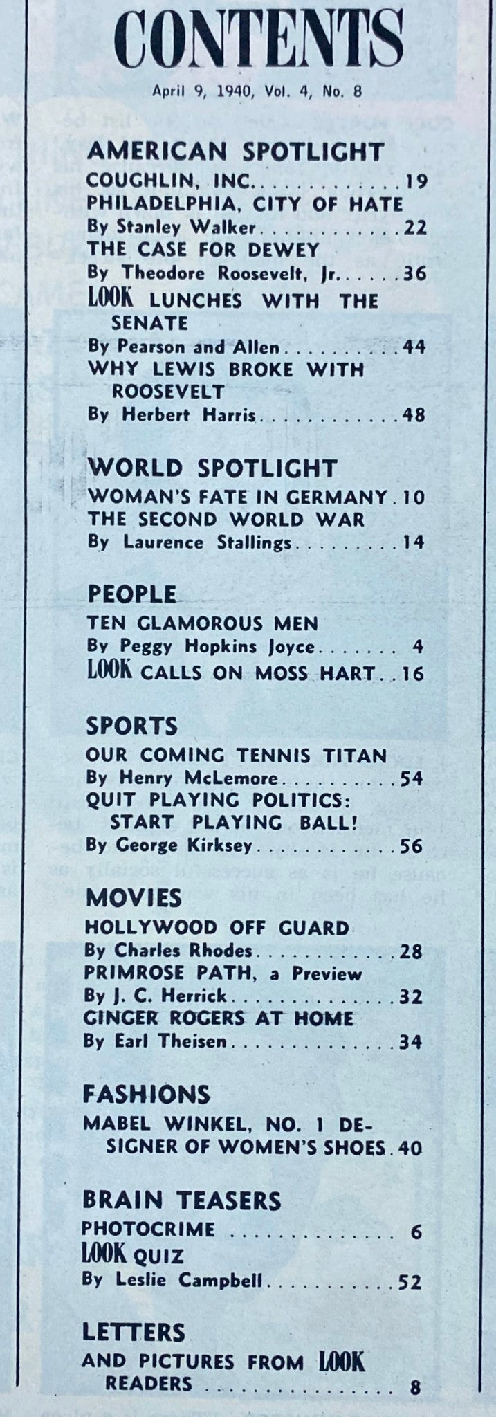 Look Magazine April 9, 1940 contents page listing featured articles, including pieces on politics, societal issues, and sports.