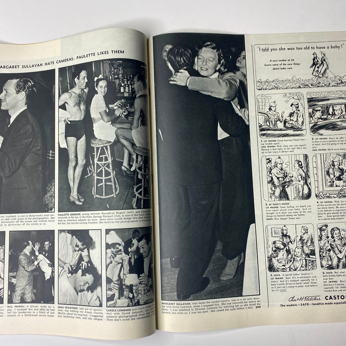 Look Magazine April 9, 1940 interior spread featuring images of Margaret Sullivan, showcasing a lively social setting and commentary.