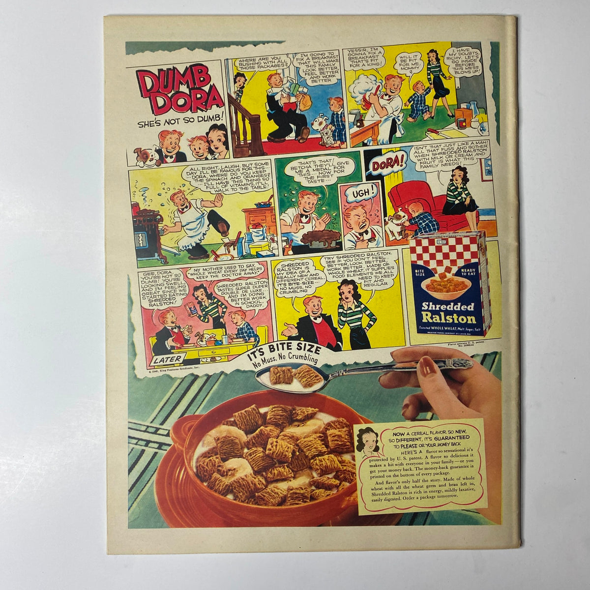 Look Magazine April 9, 1940 back cover featuring a colorful comic strip titled 'Dumb Dora', promoting Ralston cereal.