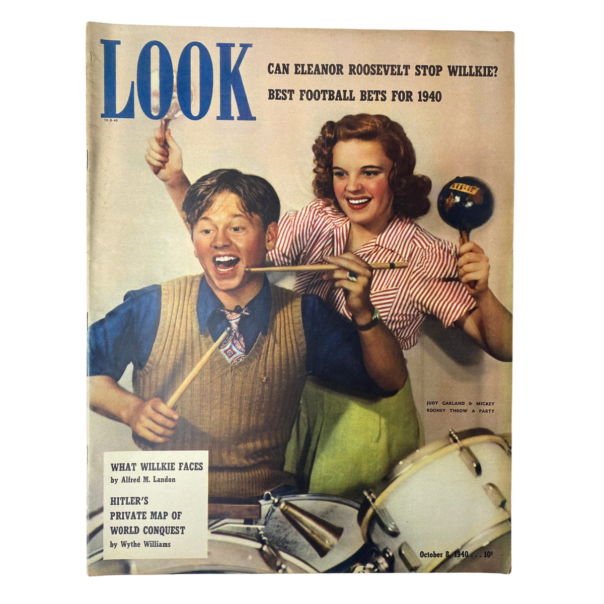 Cover of Look Magazine from October 8, 1940 featuring Judy Garland and Mickey Rooney, celebrating their youthful spirit and camaraderie during the pre-WWII era.