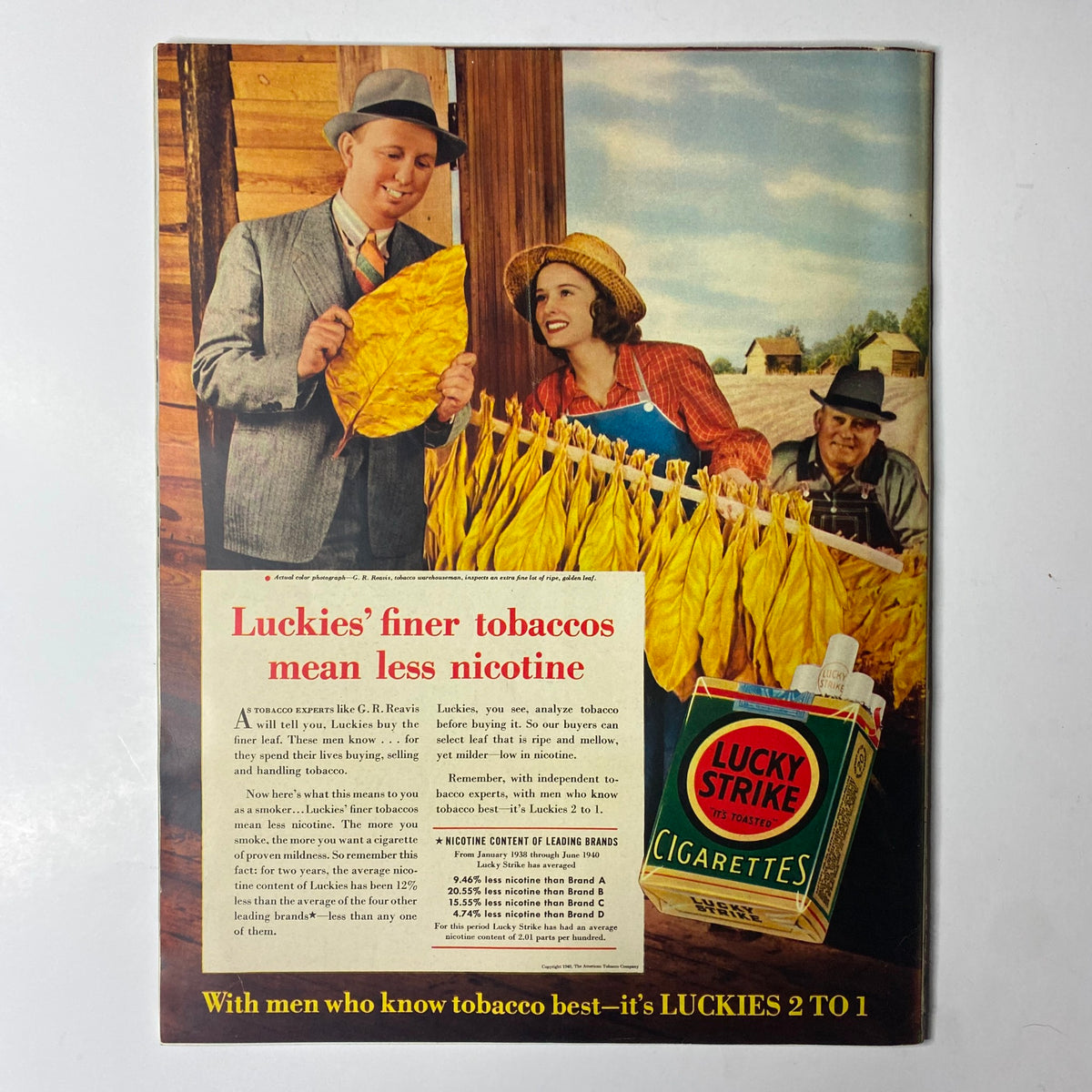 Advertisement in Look Magazine, October 8, 1940, promoting Luckies cigarettes with a vintage image of individuals hanging tobacco leaves, capturing the advertising style of the era.