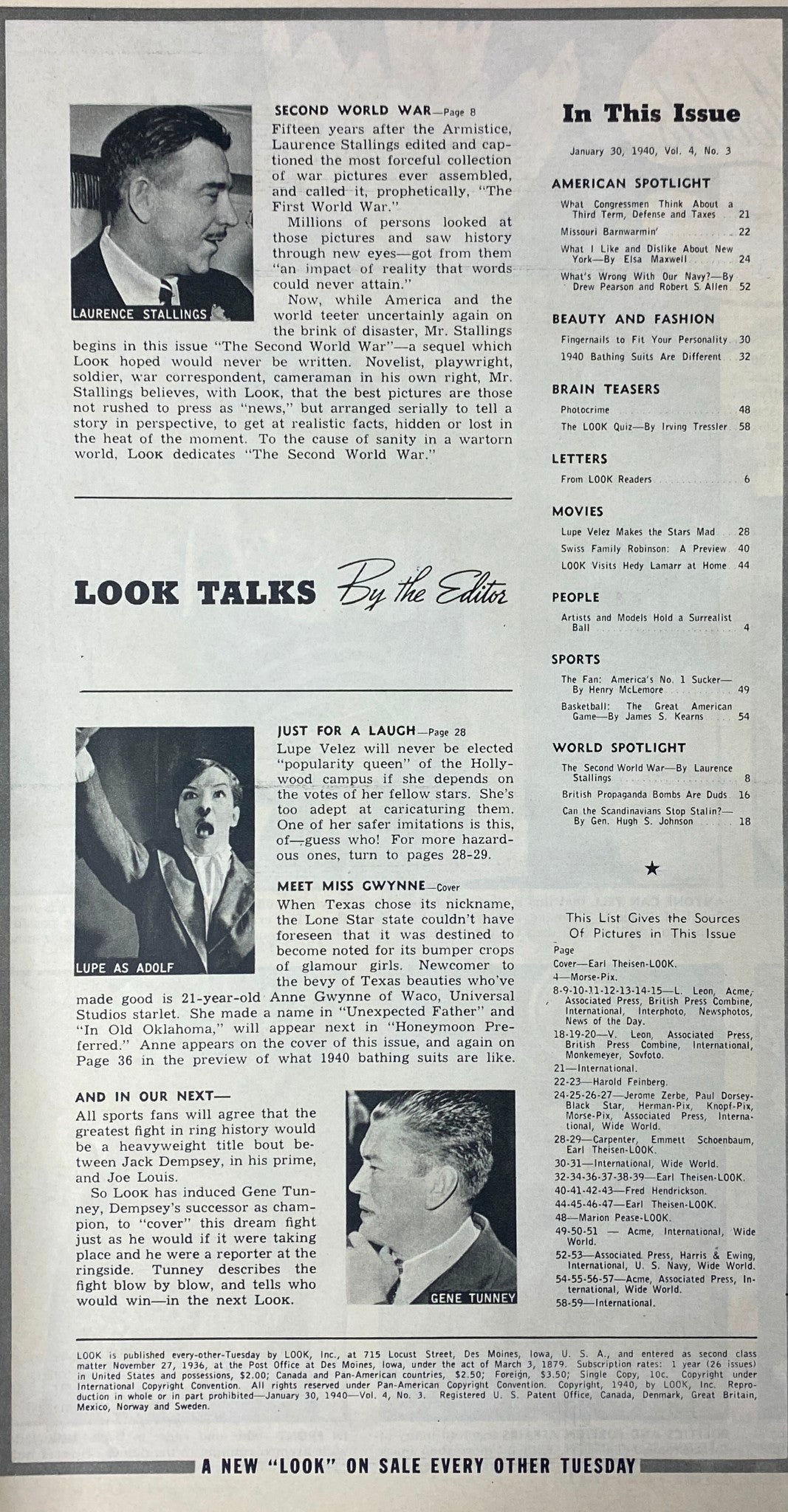 Inside page of Look Magazine January 30, 1940, including article highlights and editorial notes, with a feature on Lupe Velez and commentary on the Second World War.