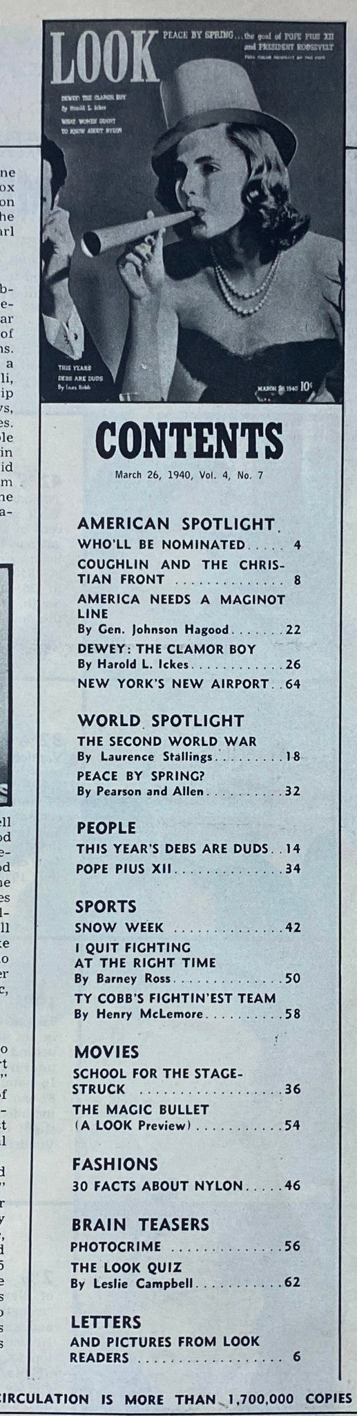 Table of contents page from Look Magazine, March 26, 1940, listing articles including 'Dewey: The Clamor Boy' and 'This Year's Debs Are Duds' with page numbers.