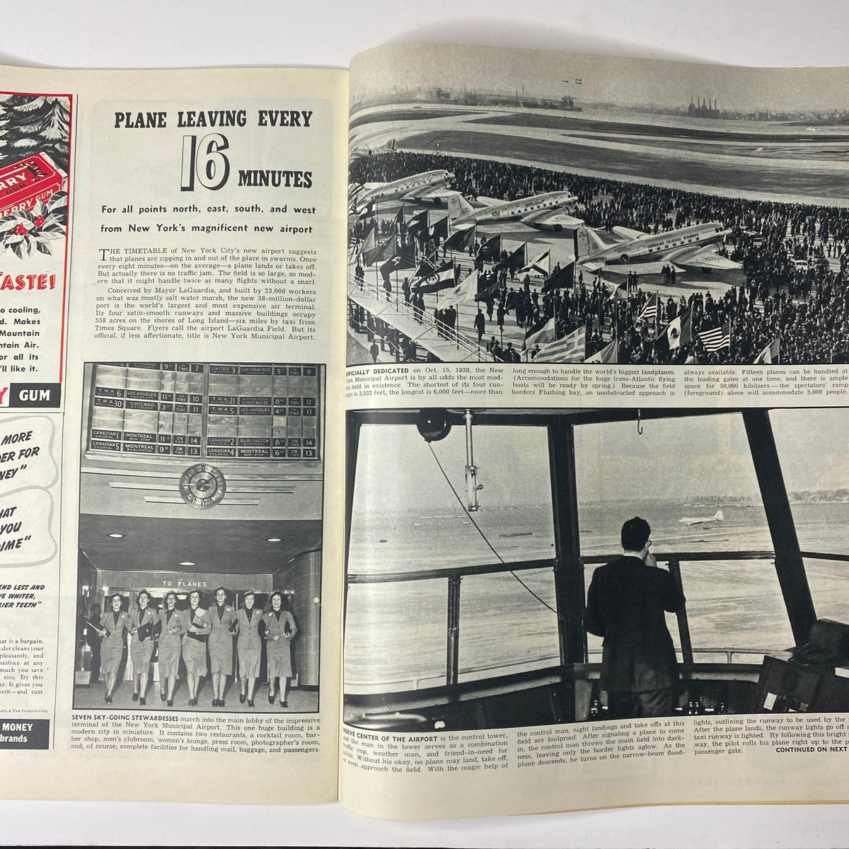 Image from Look Magazine March 26, 1940 featuring a historical airplane terminal scene with planes taking off and passengers boarding at New York's new airport.