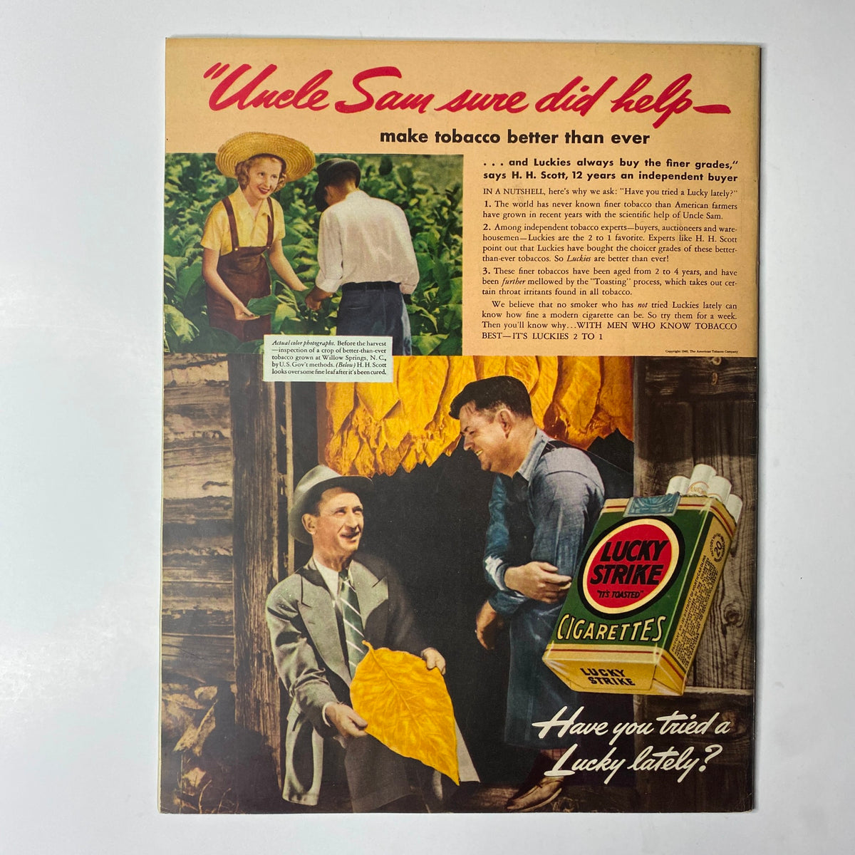 Advertisement in Look Magazine March 26, 1940 showing a tobacco farmer and an independent buyer, promoting Lucky Strike cigarettes with the slogan 'Uncle Sam sure did help'.