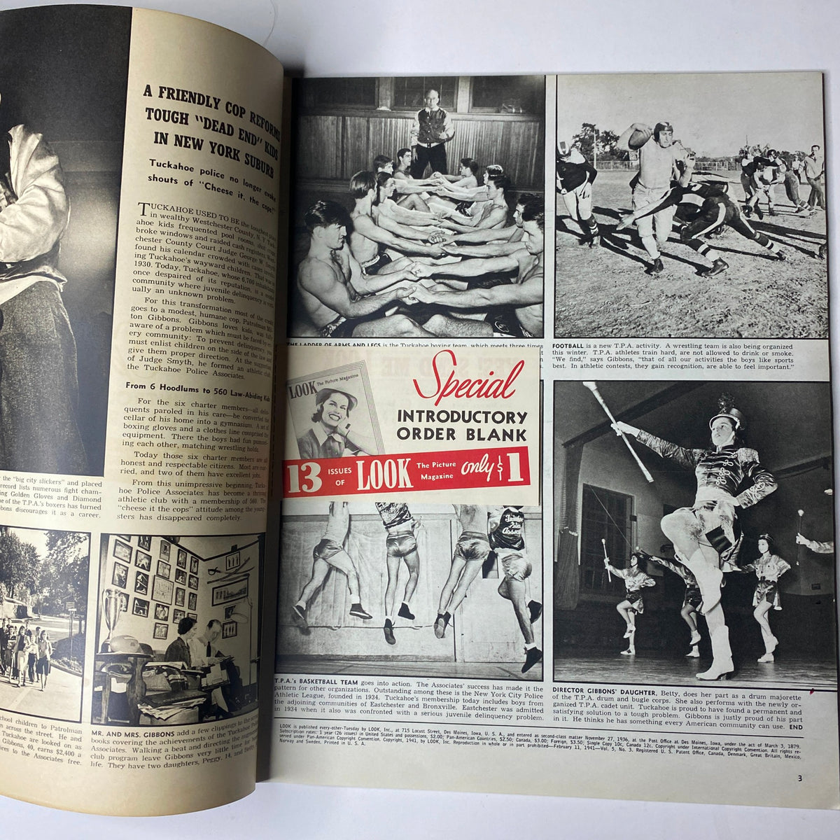 Interior pages of Look Magazine February 11, 1941 showcasing photographs of athletic events and a friendly cop in New York, part of the magazine's detailed features.