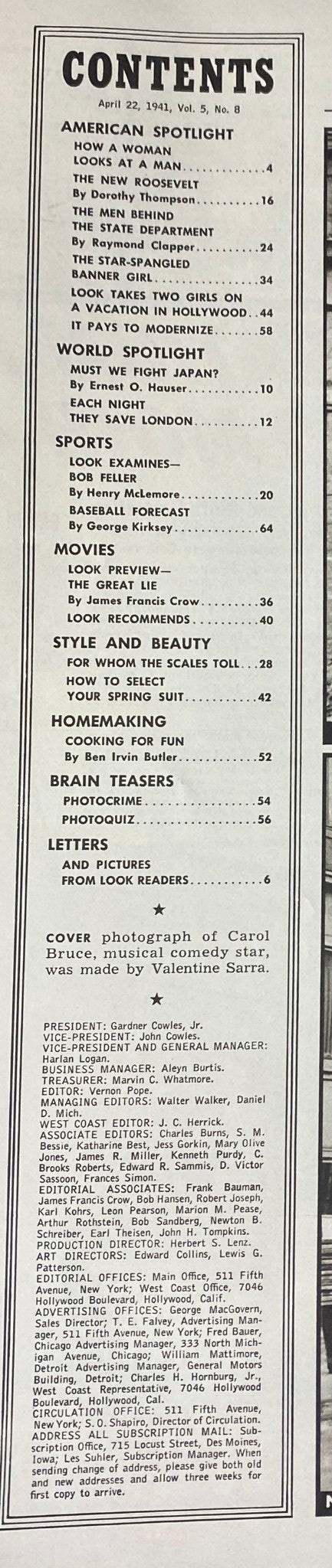Table of contents from Look Magazine April 22, 1941, detailing various articles and features including 'The New Roosevelt' and lifestyle sections.
