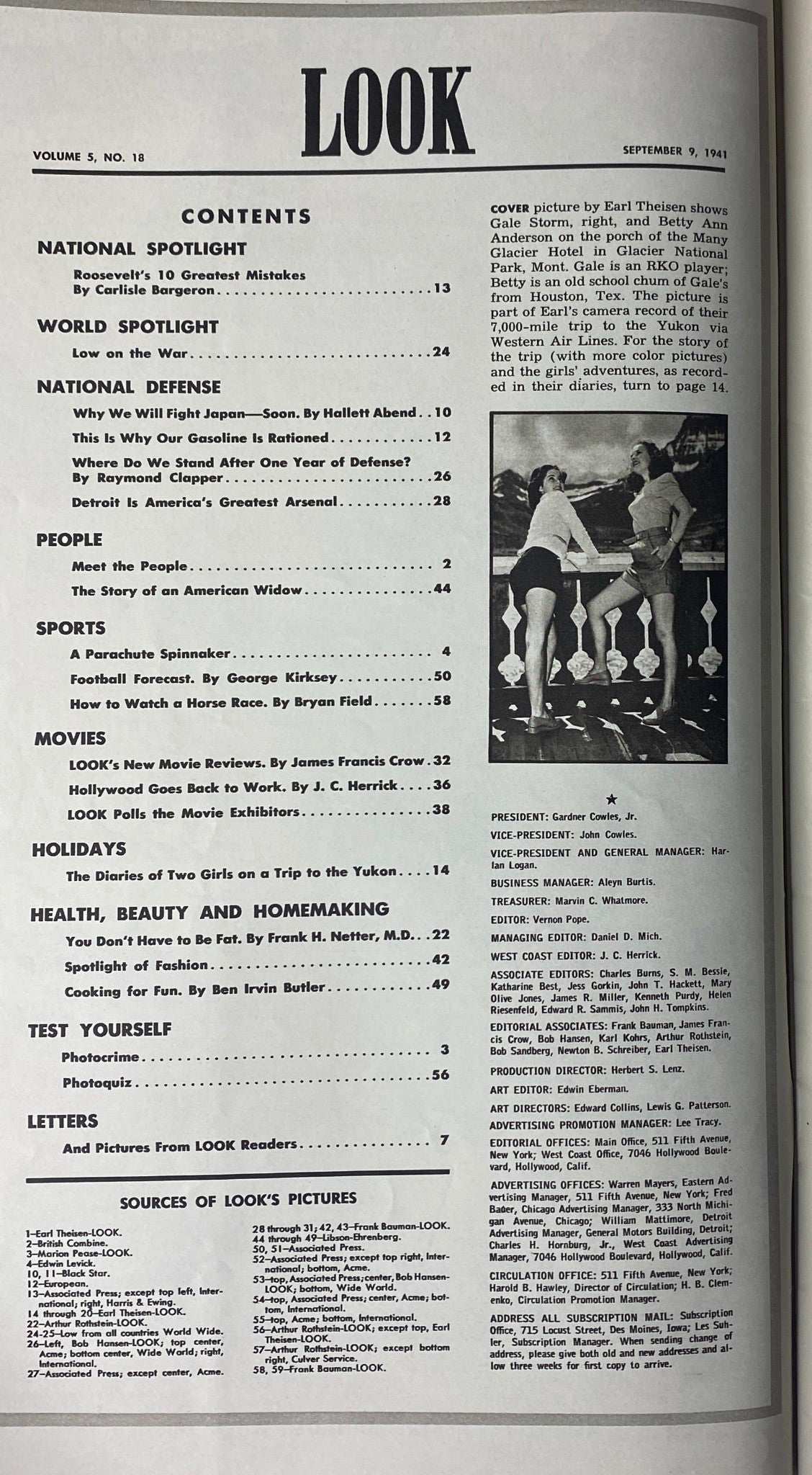 Contents page of Look Magazine, September 9, 1941, detailing featured articles including 'Roosevelt’s 10 Greatest Mistakes' and 'The Story of an American Widow'.