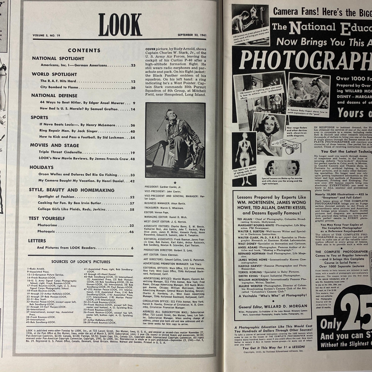 Interior page from Look Magazine September 23, 1941 displaying the contents section, highlighting various articles and segments relevant to wartime themes and entertainment.