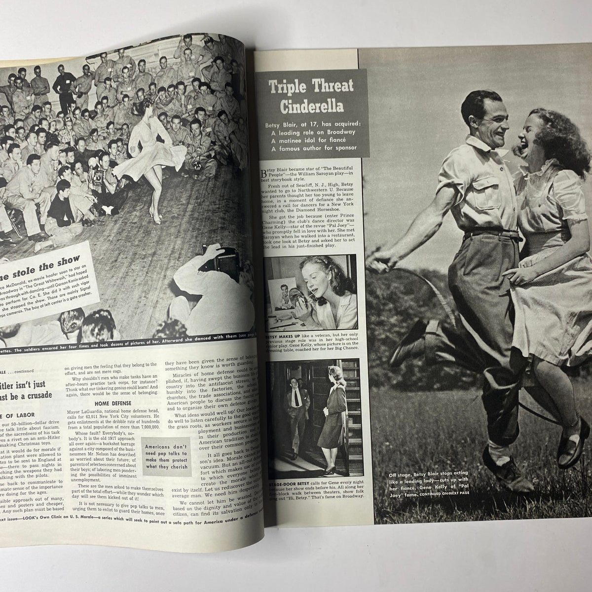 A double page spread from Look Magazine September 23, 1941 presenting the article 'Triple Threat Cinderella,' featuring a dance performance amidst wartime context.