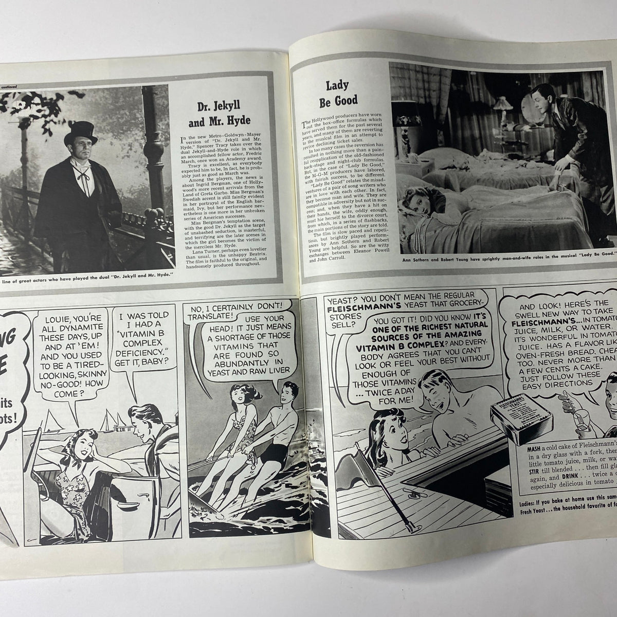 A double page spread from Look Magazine September 23, 1941 illustrating scenes from 'Dr. Jekyll and Mr. Hyde' and 'Lady Be Good,' displaying entertainment highlights of the era.