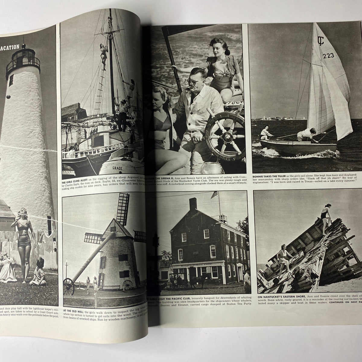 Article pages from Look Magazine August 26, 1941 showcasing various vacation spots, including images of women in swimsuits and sailing activities.