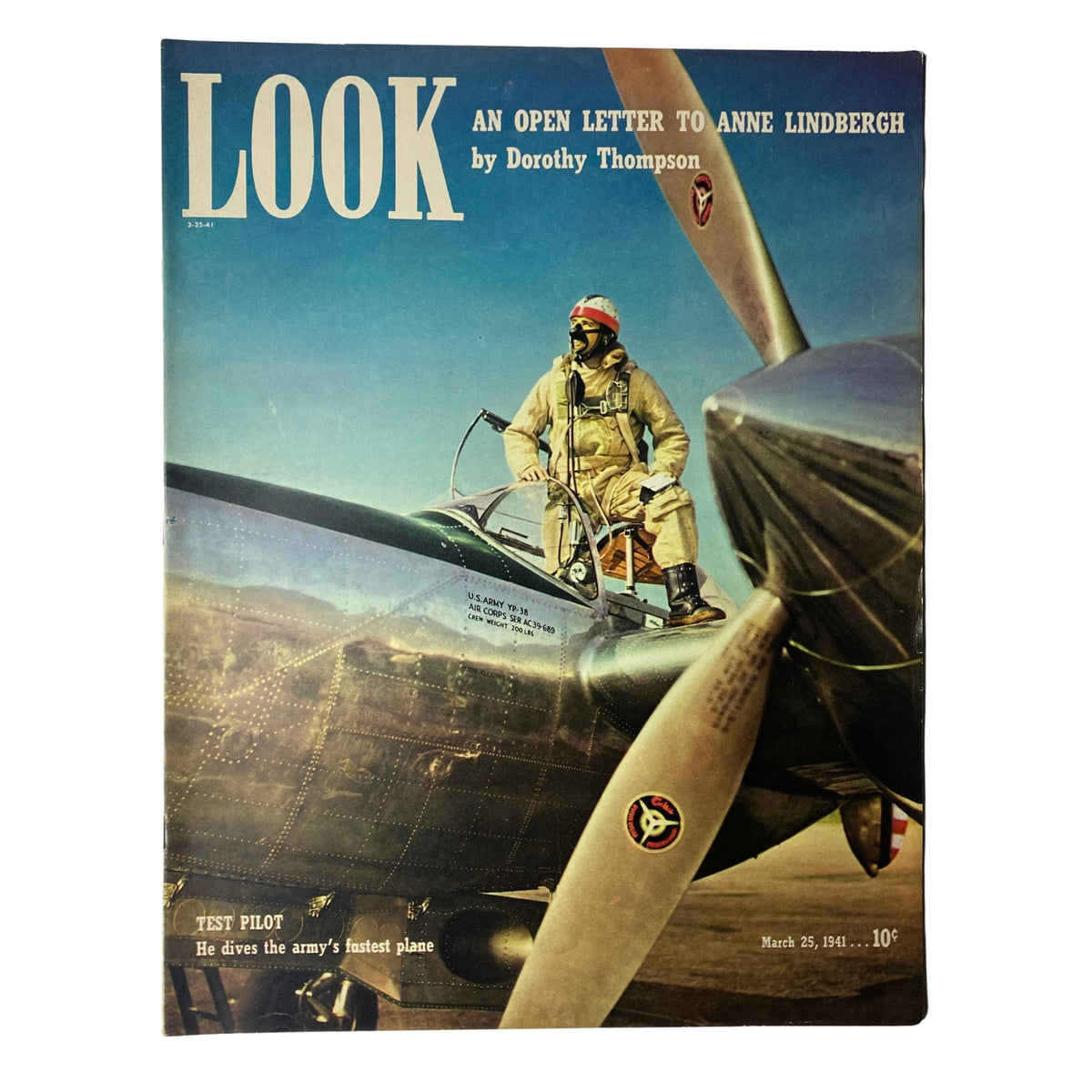 Cover of Look Magazine dated March 25, 1941, featuring the article 'An Open Letter to Anne Lindbergh' by Dorothy Thompson, showcasing a test pilot on a military aircraft.