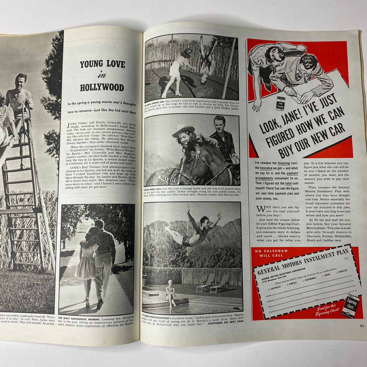 Feature page in Look Magazine from March 25, 1941, highlighting 'Young Love in Hollywood' with various black and white images showcasing romantic themes of the era.