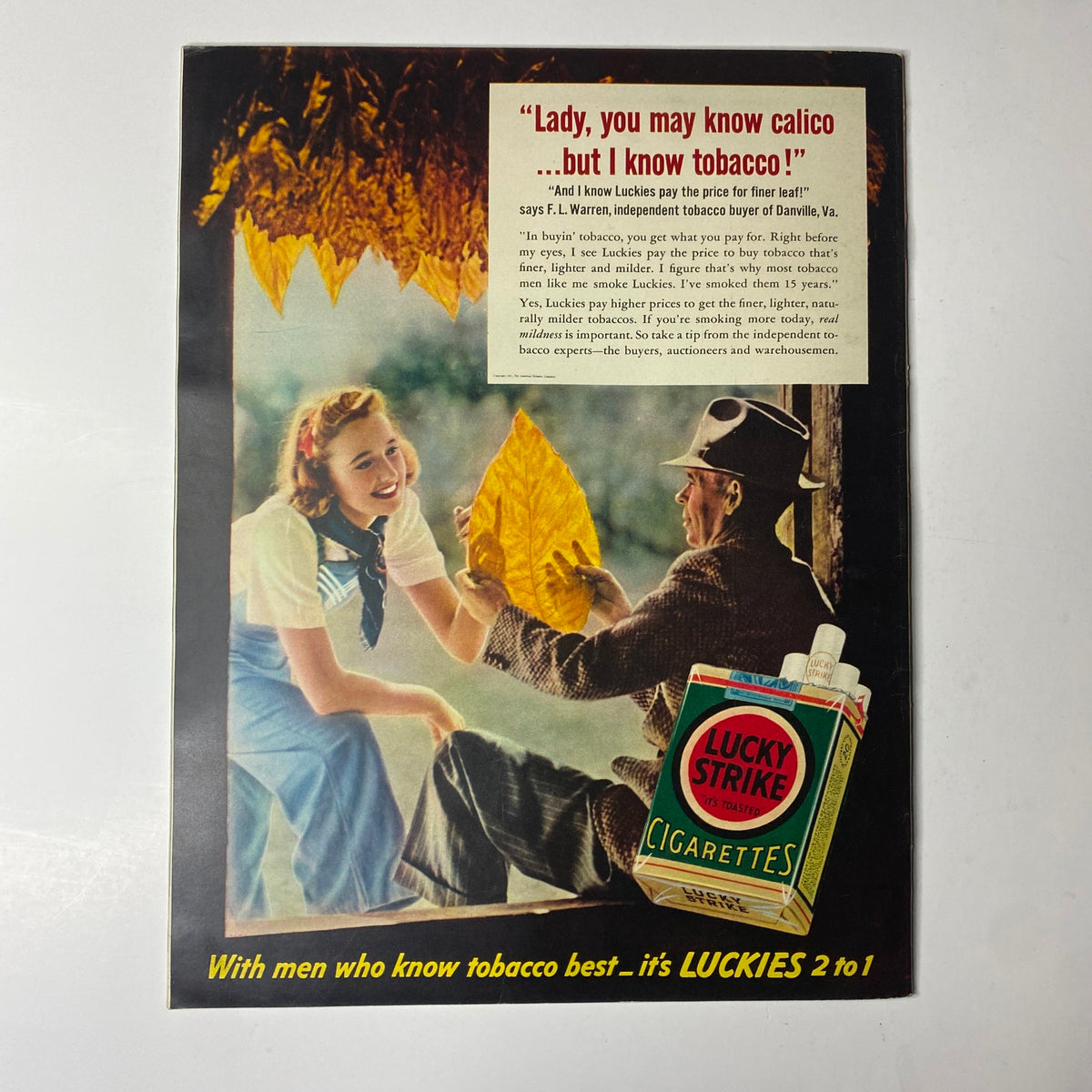 Advertisement page from Look Magazine March 11, 1941, featuring a vintage Lucky Strike cigarette ad with a woman and man discussing tobacco.