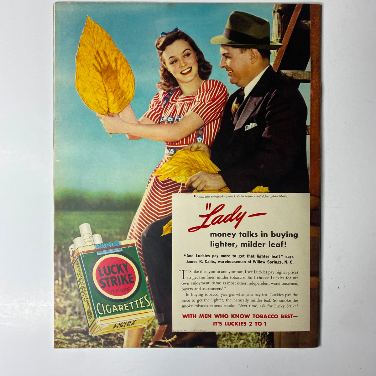 Advertisement page from Look Magazine May 6, 1941 promoting Lucky Strike cigarettes with a vintage couple, capturing the advertising style of the era.