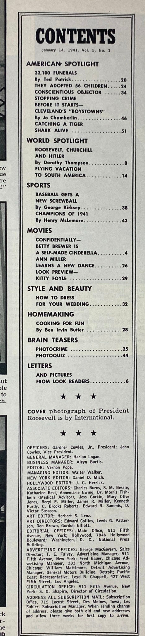 Contents page of Look Magazine January 14, 1941 featuring articles such as 'American Spotlight' and 'World Spotlight', highlighting President Franklin D. Roosevelt.