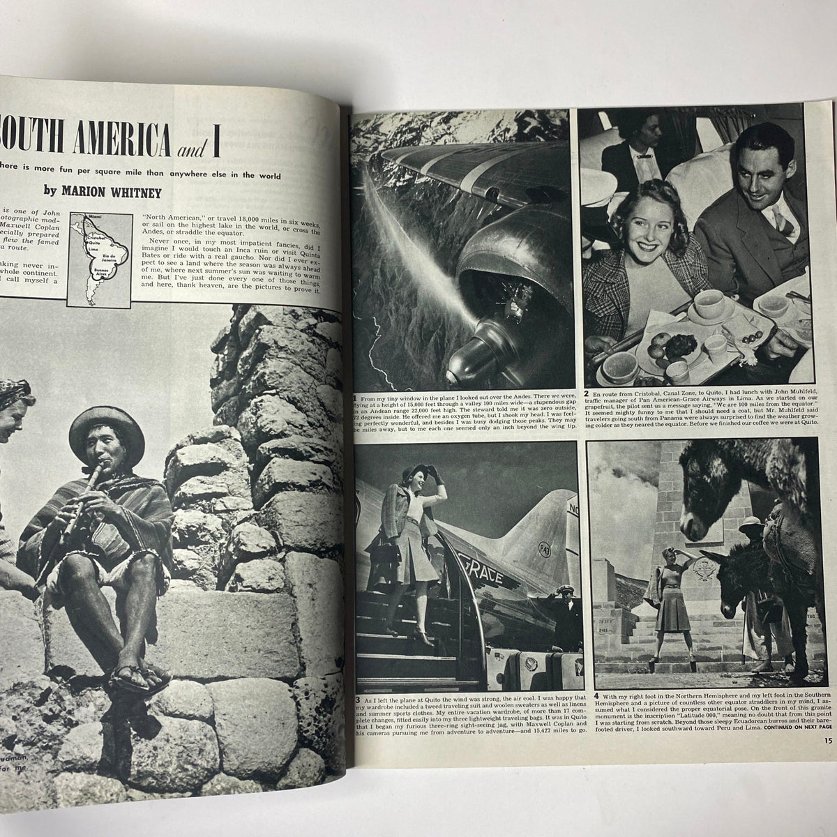 Two-page spread from Look Magazine January 14, 1941 showcasing an article titled 'South America and I' by Marion Whitney with accompanying images.