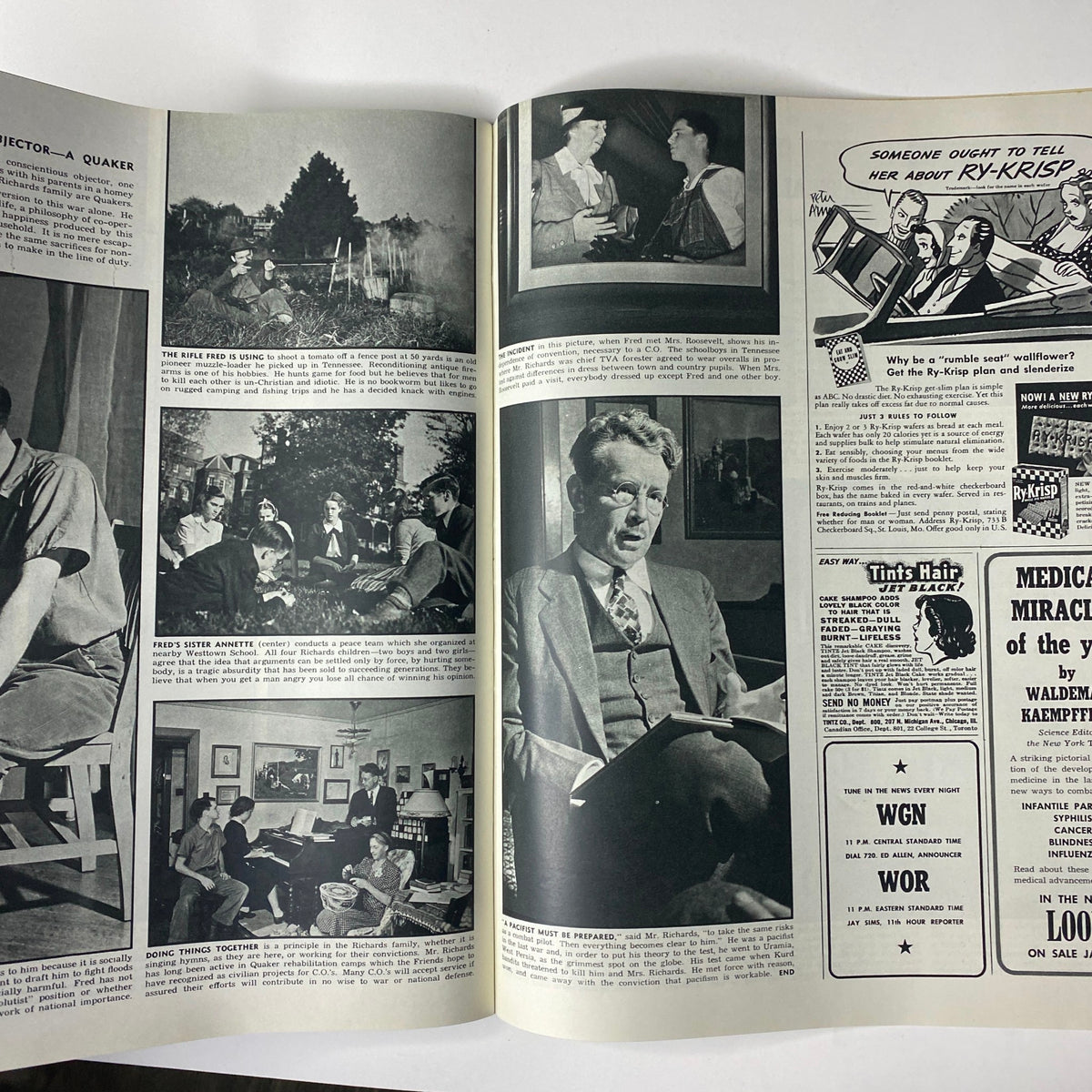 Two-page spread from Look Magazine January 14, 1941 featuring the article 'Director - A Quaker' with black and white photographs and advertisements.