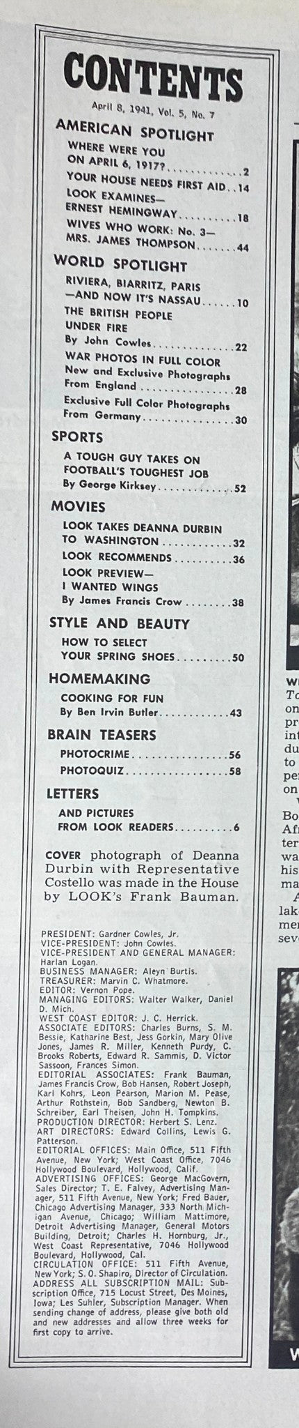 Table of contents from Look Magazine, April 8, 1941, listing articles including 'Where Were You on April 6, 1917?' and 'Look Takes Deanna Durbin to Washington'.