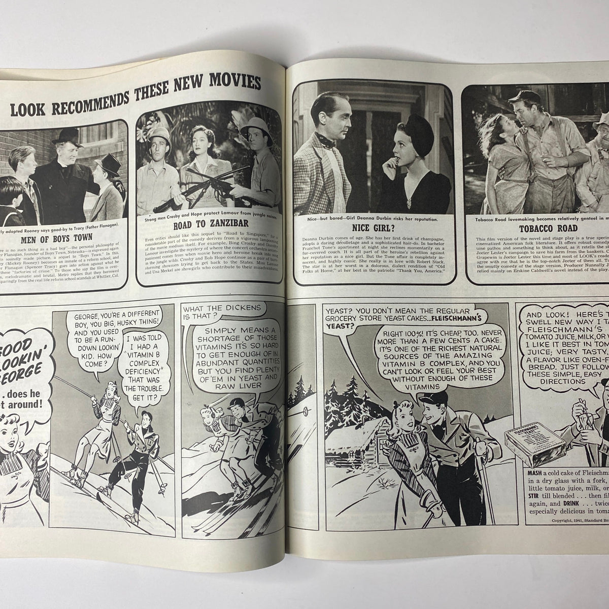 Film recommendations section from Look Magazine, April 8, 1941, featuring various movies and cartoons including 'Men of Boys Town' and 'Road to Zanzibar'.