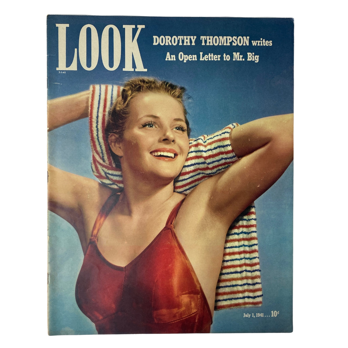 Look Magazine July 1, 1941 cover featuring model Florence Lundeen in a swimsuit, showcasing her smile and relaxed pose by the water.