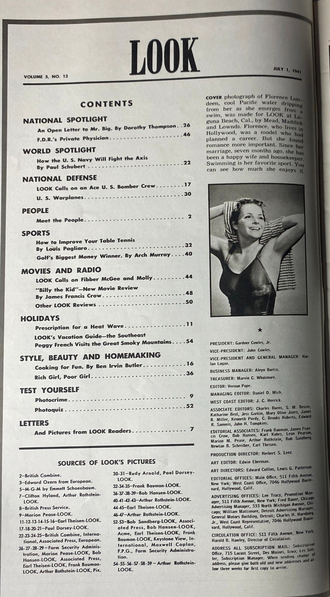 Contents page of Look Magazine July 1, 1941, detailing articles including Dorothy Thompson's 'An Open Letter to Mr. Big' and various features on lifestyle and entertainment.