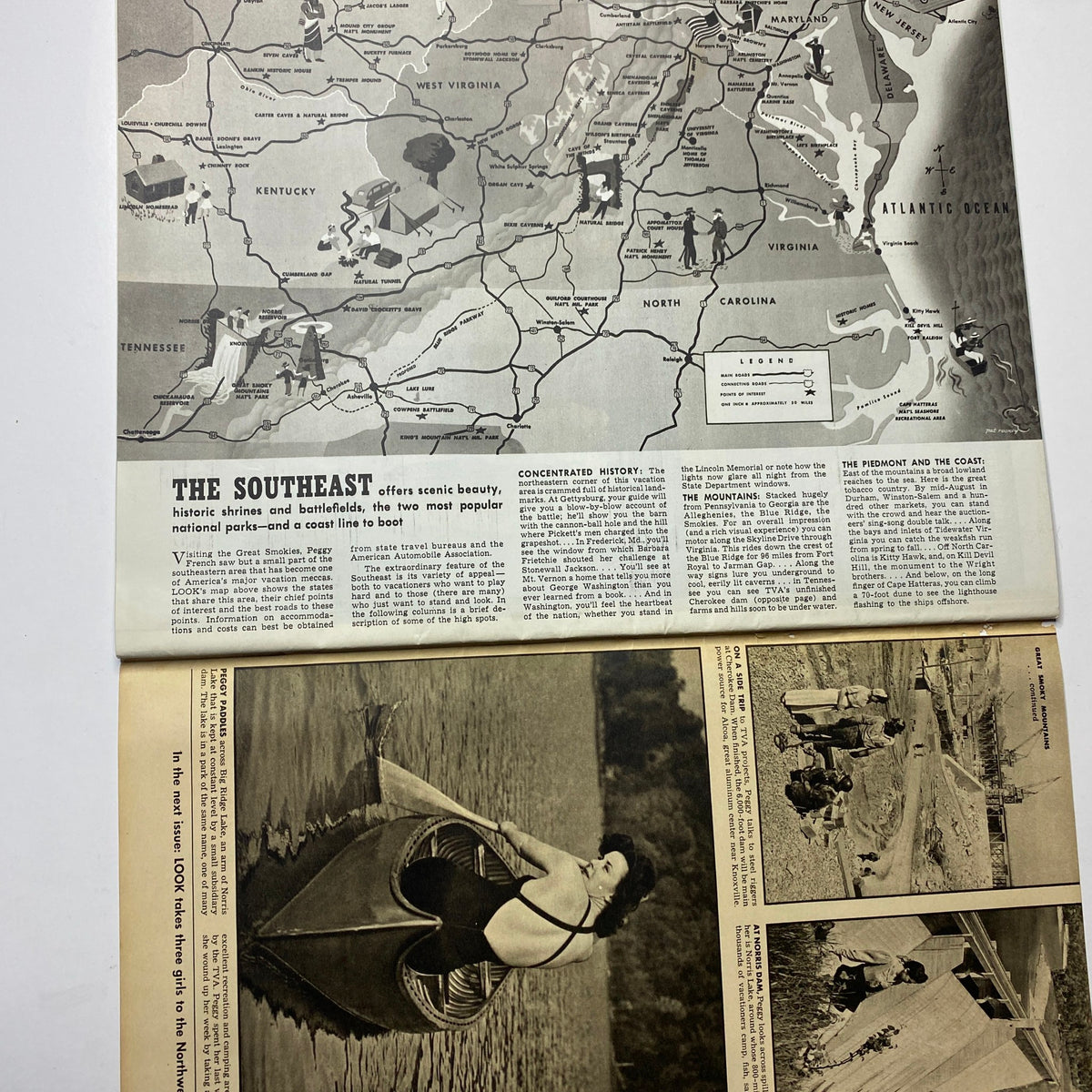 Map and travel article from Look Magazine July 1, 1941, highlighting the Southeast region of the United States and featuring scenic spots and vacation tips.