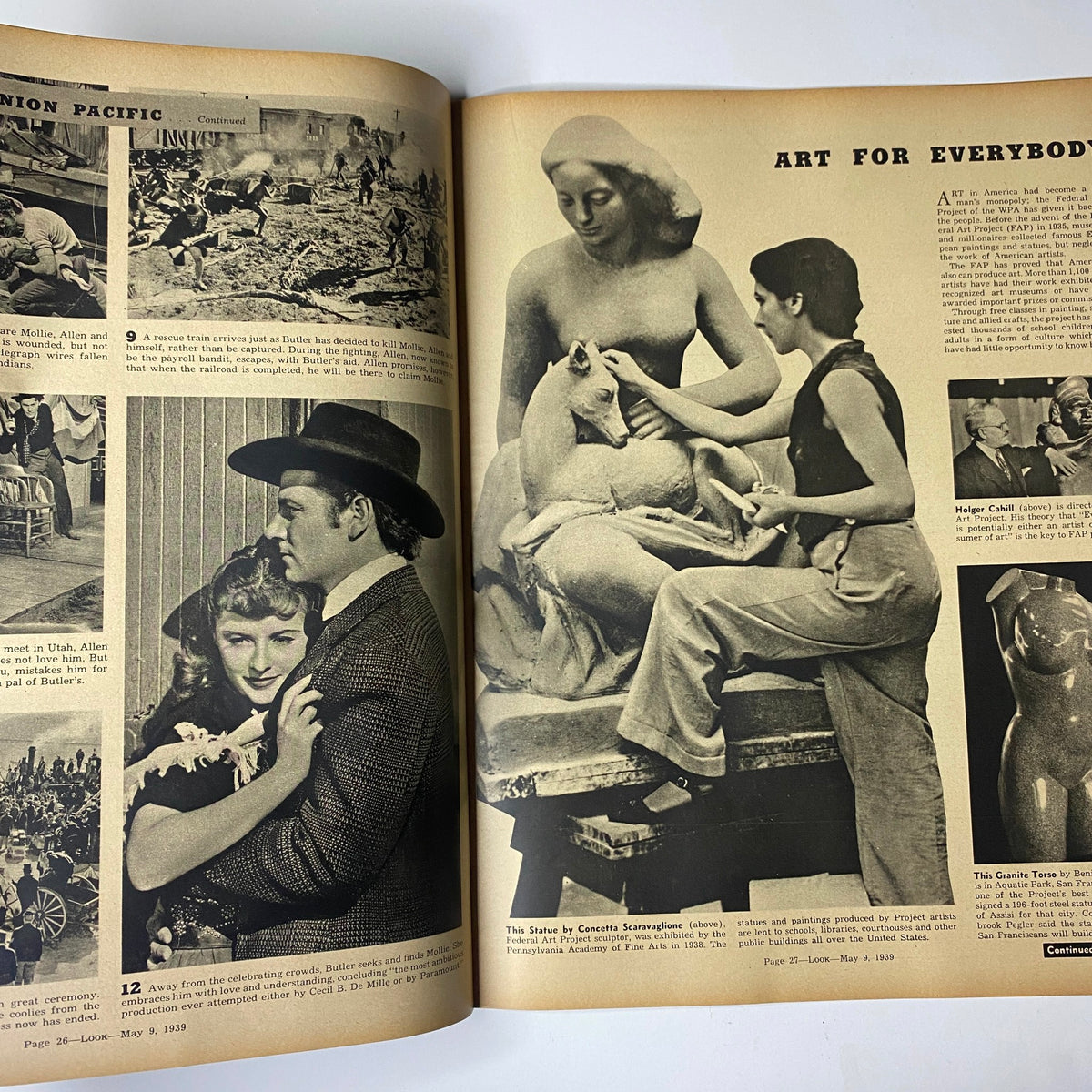 Look Magazine May 9, 1939 Eleanor Holm Cover No Label VG, showcasing a spread featuring an art section with sculptures and actors as part of the arts promotion.