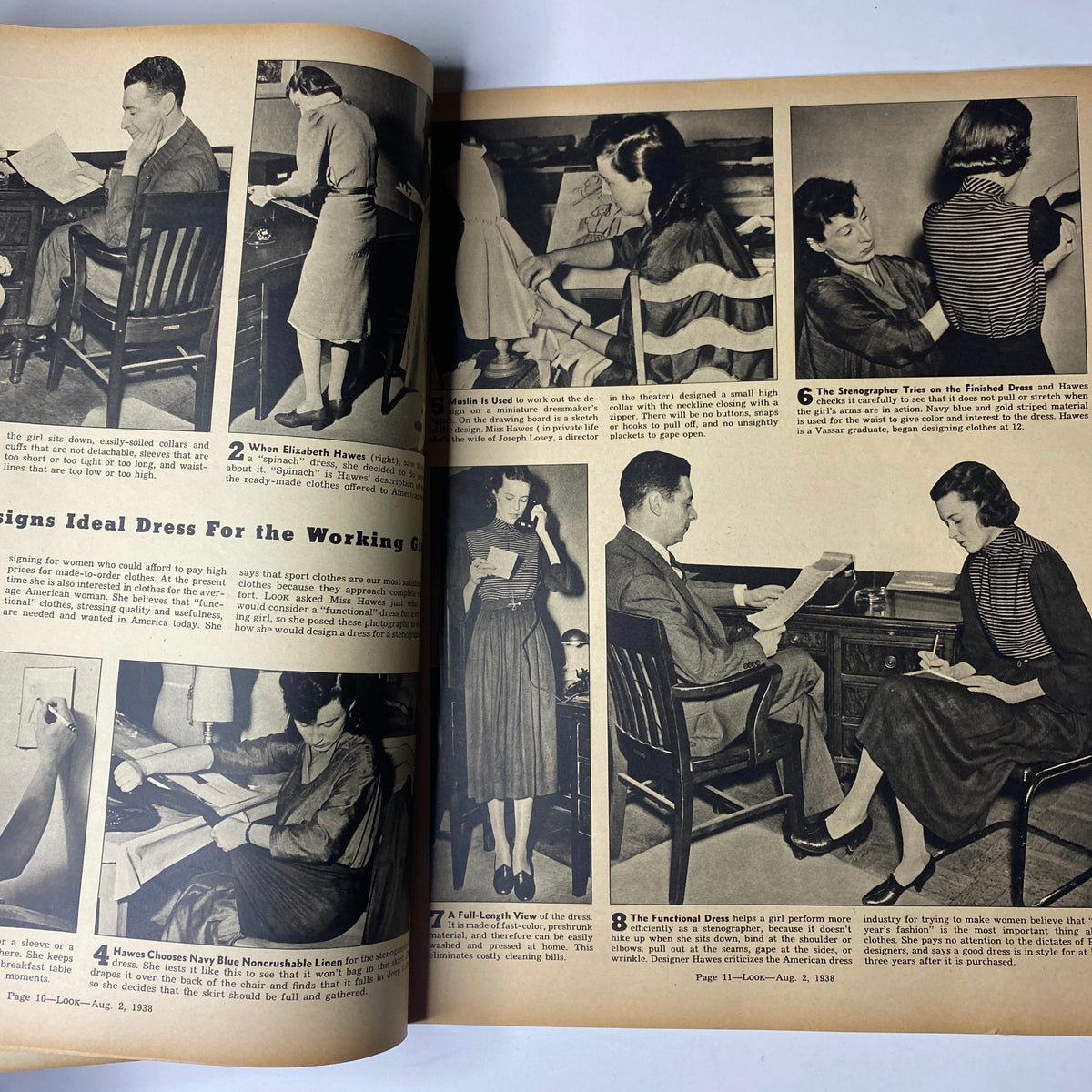 Interior page from Look Magazine August 2, 1938 showcasing multiple photographs of fashion designs for the working woman.