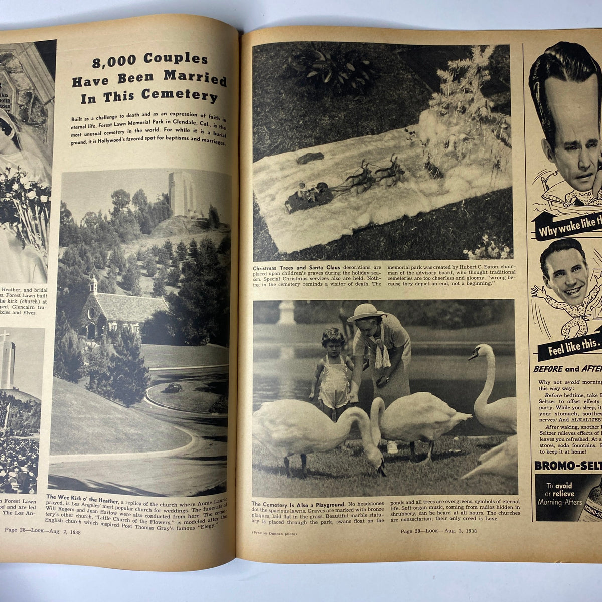 Interior page from Look Magazine August 2, 1938 with photos highlighting marriage ceremonies in a cemetery, emphasizing the unique perspective of love and remembrance.