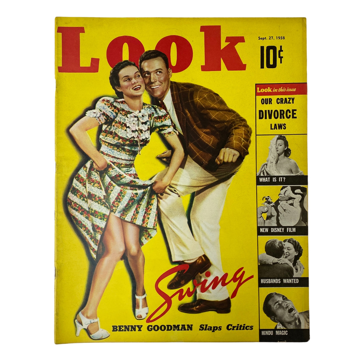 Cover of Look Magazine from September 27, 1938 featuring the headline 'Benny Goodman Slaps Critics' with a colorful illustration of a couple dancing. The magazine highlights articles on divorce laws and other contemporary topics.