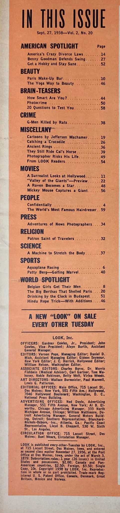 Content page from Look Magazine September 27, 1938, featuring sections including American Spotlight, Beauty, and Movies alongside the headline story 'Benny Goodman Slaps Critics'.