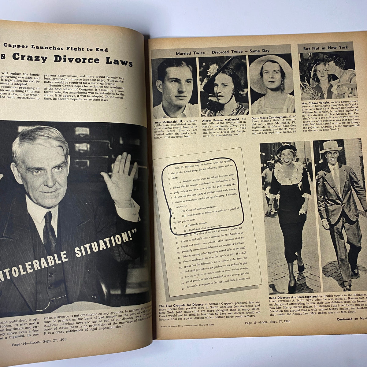 Inside spread of Look Magazine from September 27, 1938, covering the feature 'America's Crazy Divorce Laws' with collage of relevant images and headlines.