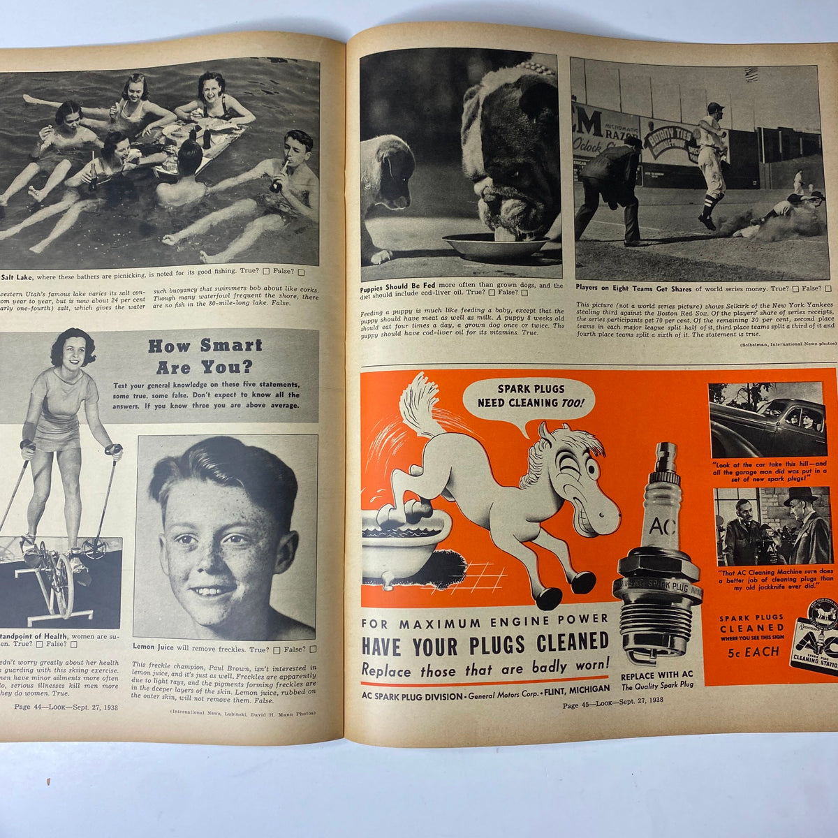 Another inside spread from Look Magazine September 27, 1938, detailing quizzes and advertisements, highlighting the theme of mental well-being with the section 'How Smart Are You?'