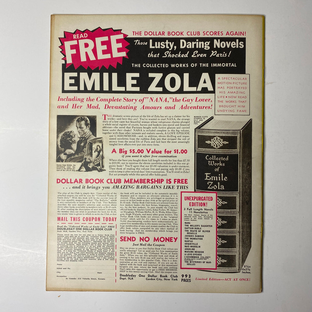 Advertisement page from Look Magazine September 27, 1938, showcasing a special offer for the collected works of Emile Zola alongside promotional content.